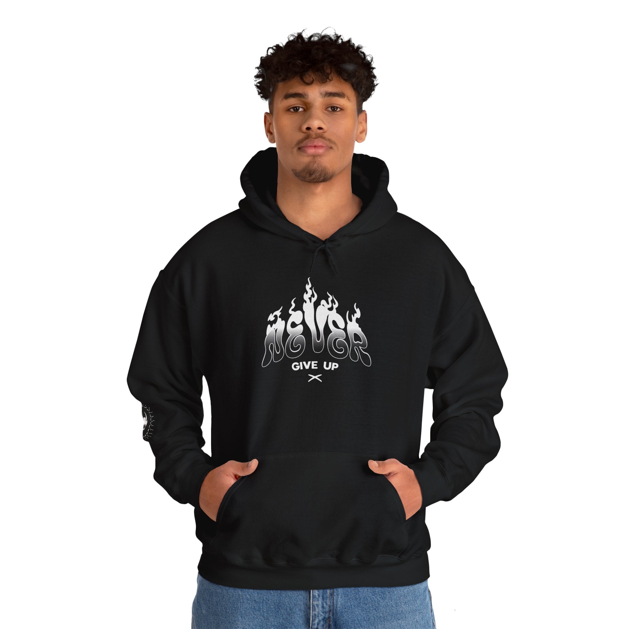 Never Give Up - Unisex Heavy Blend™ Hooded Sweatshirt (Front) - Damned Threads
